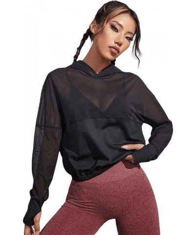 Women's Activewear Long Sleeve Hooded Sweatshirt Sheer Mesh Running Workout Sports Top Black $18.47 Hoodies & Sweatshirts