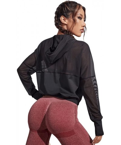 Women's Activewear Long Sleeve Hooded Sweatshirt Sheer Mesh Running Workout Sports Top Black $18.47 Hoodies & Sweatshirts