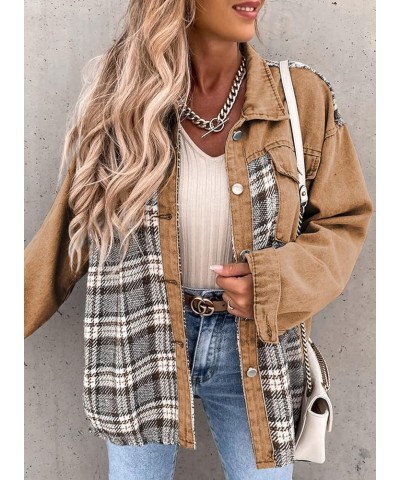 Women's Denim Jacket Long Sleeve Plaid Button Down Shacket Jacket 1 Khaki $23.25 Jackets