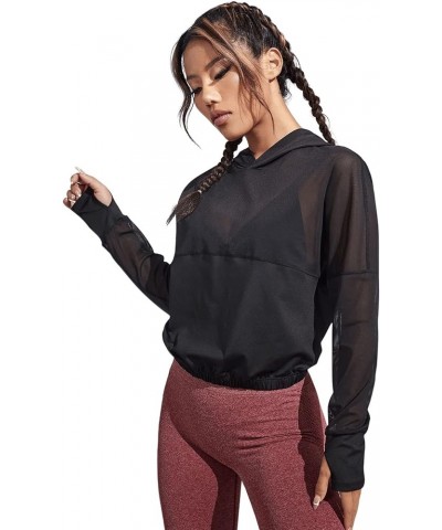 Women's Activewear Long Sleeve Hooded Sweatshirt Sheer Mesh Running Workout Sports Top Black $18.47 Hoodies & Sweatshirts