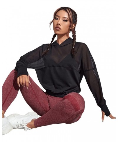 Women's Activewear Long Sleeve Hooded Sweatshirt Sheer Mesh Running Workout Sports Top Black $18.47 Hoodies & Sweatshirts