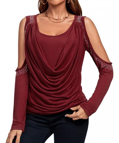 Women's Cowl Neck Cold Shoulder Long Sleeve Rhinestone Draped Tee Blouse Top Solid Wine Red $19.37 Blouses