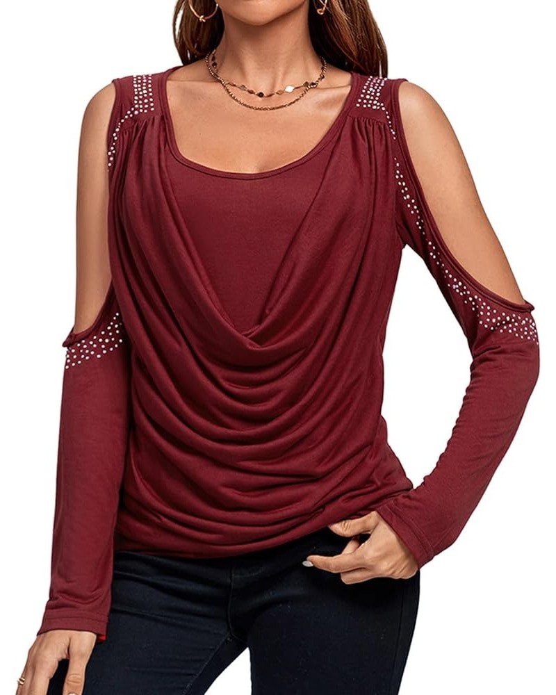 Women's Cowl Neck Cold Shoulder Long Sleeve Rhinestone Draped Tee Blouse Top Solid Wine Red $19.37 Blouses