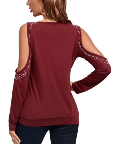 Women's Cowl Neck Cold Shoulder Long Sleeve Rhinestone Draped Tee Blouse Top Solid Wine Red $19.37 Blouses