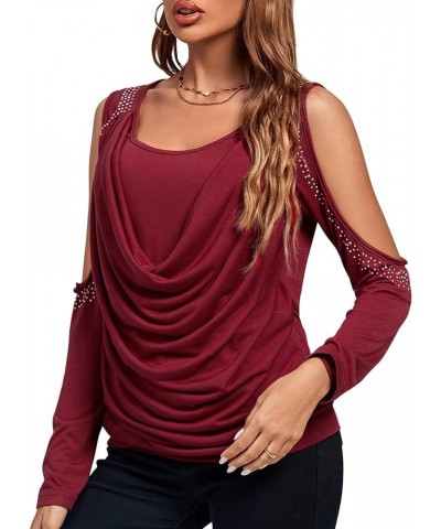 Women's Cowl Neck Cold Shoulder Long Sleeve Rhinestone Draped Tee Blouse Top Solid Wine Red $19.37 Blouses