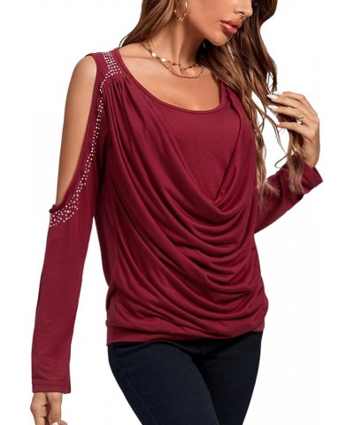 Women's Cowl Neck Cold Shoulder Long Sleeve Rhinestone Draped Tee Blouse Top Solid Wine Red $19.37 Blouses