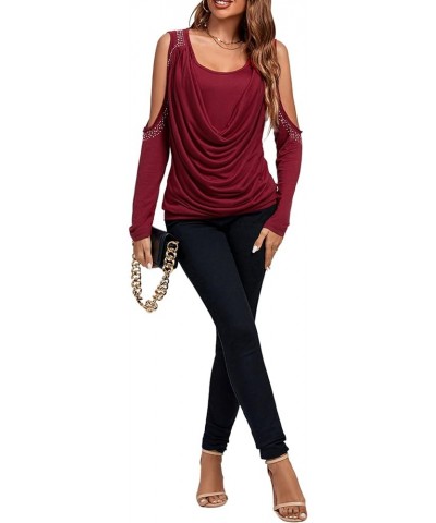 Women's Cowl Neck Cold Shoulder Long Sleeve Rhinestone Draped Tee Blouse Top Solid Wine Red $19.37 Blouses