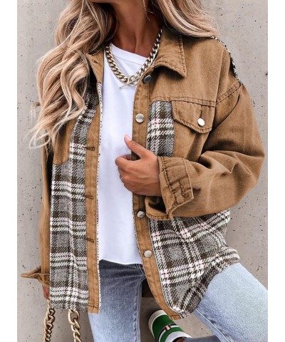 Women's Denim Jacket Long Sleeve Plaid Button Down Shacket Jacket 1 Khaki $23.25 Jackets