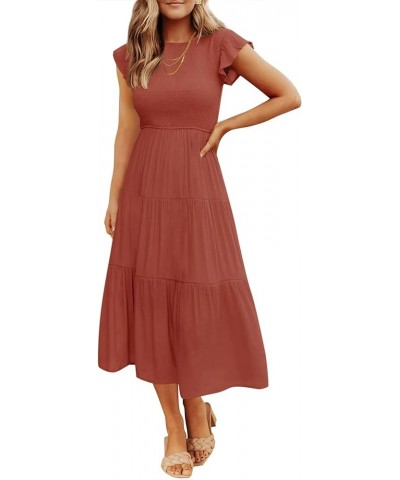 Women's 2024 Summer Casual Flutter Short Sleeve Crew Neck Smocked Elastic Waist Tiered Midi Dress Rust $14.16 Dresses