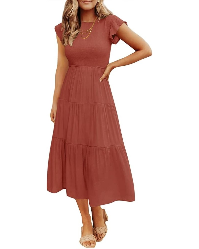 Women's 2024 Summer Casual Flutter Short Sleeve Crew Neck Smocked Elastic Waist Tiered Midi Dress Rust $14.16 Dresses