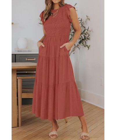 Women's 2024 Summer Casual Flutter Short Sleeve Crew Neck Smocked Elastic Waist Tiered Midi Dress Rust $14.16 Dresses