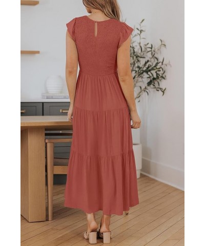 Women's 2024 Summer Casual Flutter Short Sleeve Crew Neck Smocked Elastic Waist Tiered Midi Dress Rust $14.16 Dresses