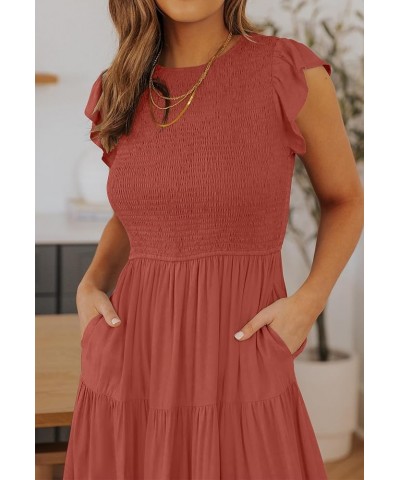 Women's 2024 Summer Casual Flutter Short Sleeve Crew Neck Smocked Elastic Waist Tiered Midi Dress Rust $14.16 Dresses