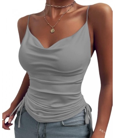 Women Spaghetti Strap V Neck Camisole Sleeveless Slim Sexy Crop Top Side Drawstring Casual Tank Tops Grey $10.79 Tanks