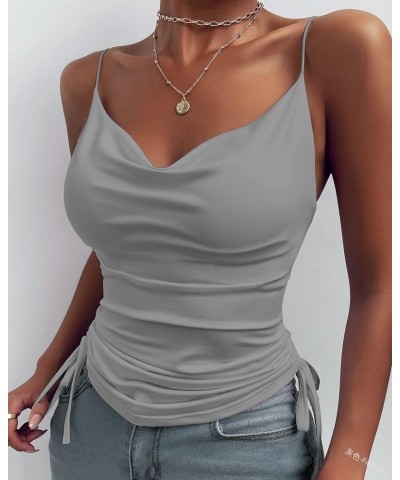 Women Spaghetti Strap V Neck Camisole Sleeveless Slim Sexy Crop Top Side Drawstring Casual Tank Tops Grey $10.79 Tanks