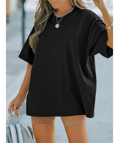 Women Crewneck Drop Shoulder Short Sleeve Oversized Fit Tunic Cotton T-Shirt Basic Boyfriend Black $11.00 Tops