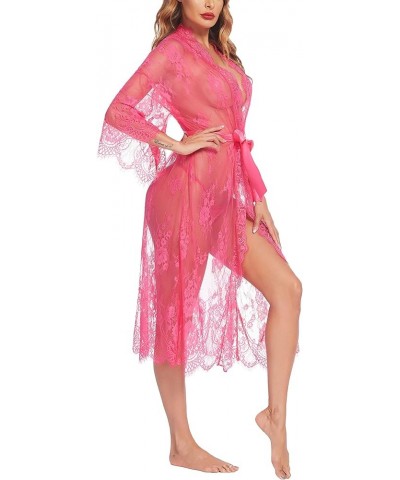 Women Sexy Long Lace Lingerie Kimono Robe Sheer Babydoll Nightgown Nightdress Rose Red $6.75 Lingerie