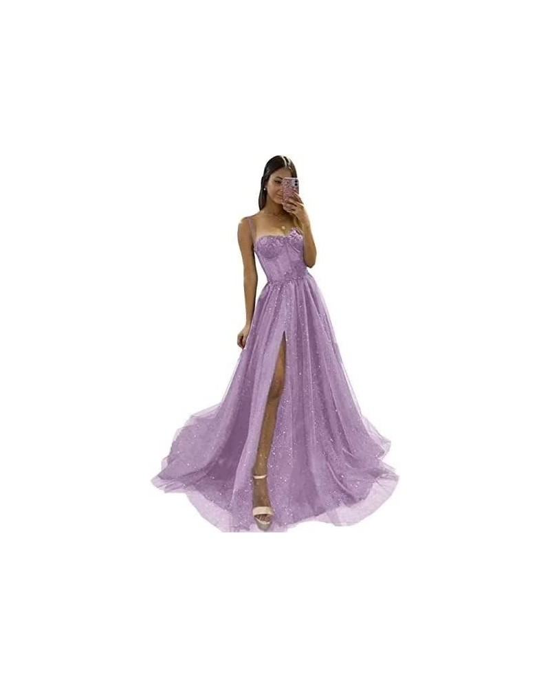 Glitter Tulle Prom Dress for Teens 2024 Spaghetti Strap Long Ball Gowns Formal Evening Dresses for Women Mauve $39.20 Dresses