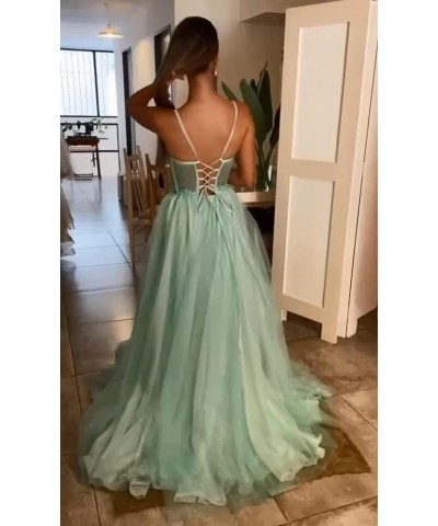 Glitter Tulle Prom Dress for Teens 2024 Spaghetti Strap Long Ball Gowns Formal Evening Dresses for Women Mauve $39.20 Dresses