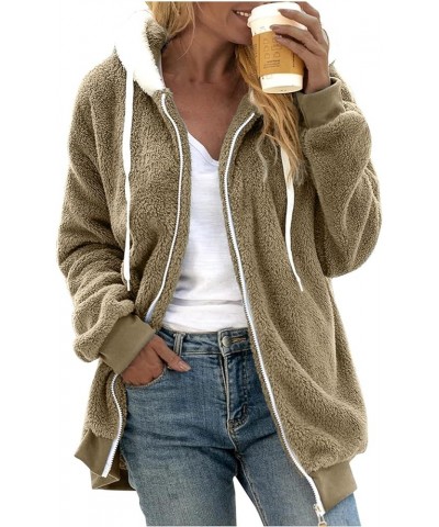 Womens Fuzzy Hoodies Faux Fur Solid Zip Drawstring Hooded Oversize Sweatshirt Fashion Comfy Fall-Winter Athletic Jackets Khak...