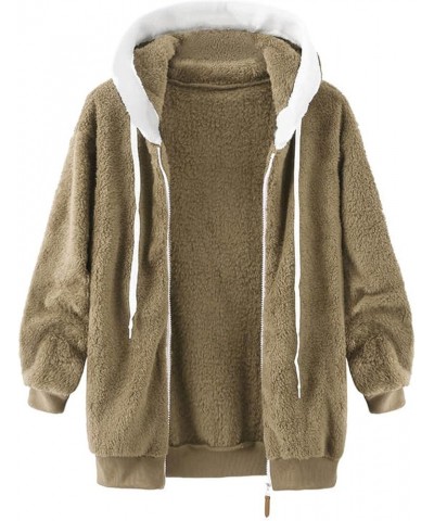 Womens Fuzzy Hoodies Faux Fur Solid Zip Drawstring Hooded Oversize Sweatshirt Fashion Comfy Fall-Winter Athletic Jackets Khak...