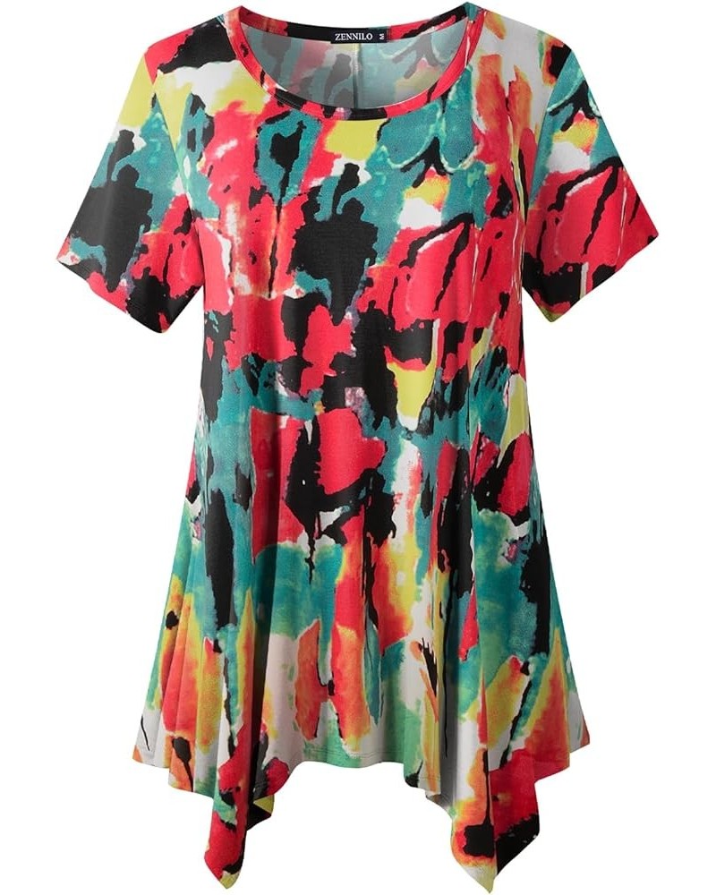 Womens Plus Size Casual Tunic Tops Summer Short Sleeve Shirts for Women Flowy Hankerchief Hemline Flower80 $7.79 Tops