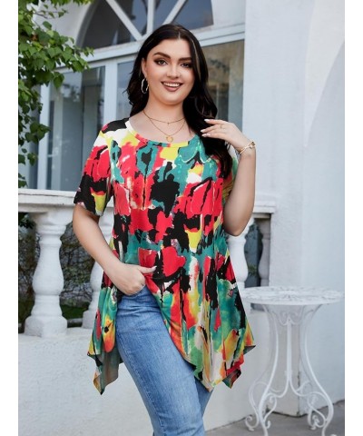 Womens Plus Size Casual Tunic Tops Summer Short Sleeve Shirts for Women Flowy Hankerchief Hemline Flower80 $7.79 Tops