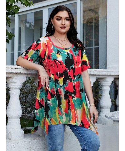 Womens Plus Size Casual Tunic Tops Summer Short Sleeve Shirts for Women Flowy Hankerchief Hemline Flower80 $7.79 Tops