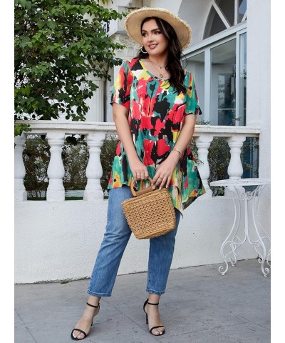 Womens Plus Size Casual Tunic Tops Summer Short Sleeve Shirts for Women Flowy Hankerchief Hemline Flower80 $7.79 Tops