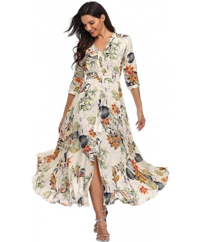 Summer Floral Print Maxi Dress Women Button Up Split Long Flowy Bohemian Beach Party Dresses Apricot Floral $14.35 Dresses