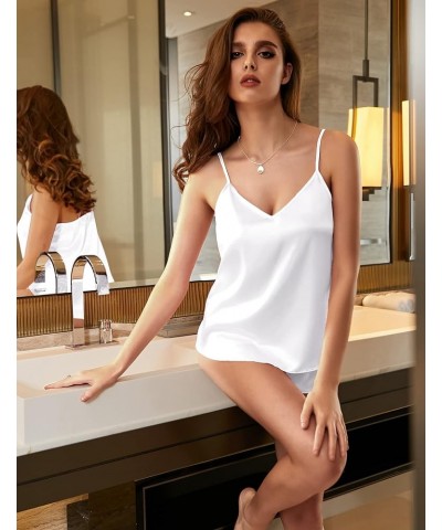 Women Satin Silk Pajamas Camisole Shorts Set White $13.75 Sleep & Lounge