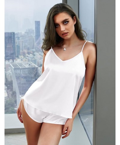 Women Satin Silk Pajamas Camisole Shorts Set White $13.75 Sleep & Lounge