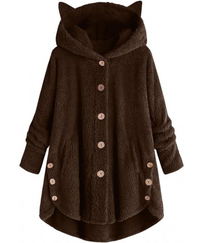 Women Fall Fuzzy Fleece Jackets Hooded Button Mid-Long Thickened Loose Cardigans Coat Outerwear with Pocket 986-avrdd-brown-c...