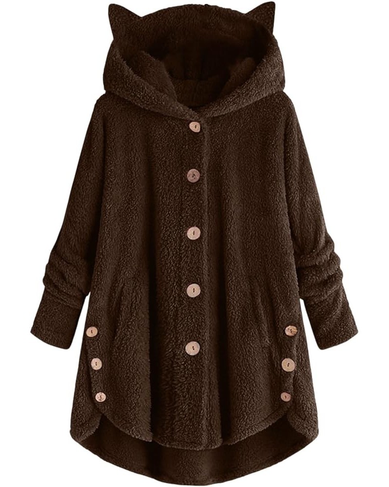 Women Fall Fuzzy Fleece Jackets Hooded Button Mid-Long Thickened Loose Cardigans Coat Outerwear with Pocket 986-avrdd-brown-c...