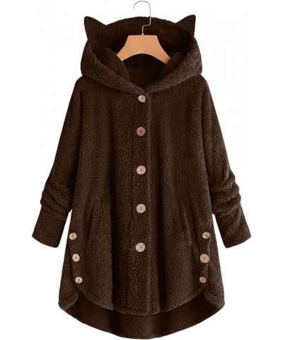 Women Fall Fuzzy Fleece Jackets Hooded Button Mid-Long Thickened Loose Cardigans Coat Outerwear with Pocket 986-avrdd-brown-c...