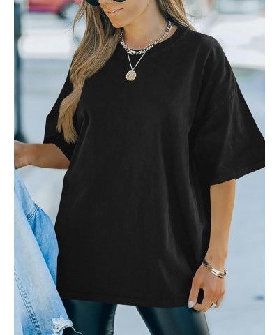 Women Crewneck Drop Shoulder Short Sleeve Oversized Fit Tunic Cotton T-Shirt Basic Boyfriend Black $11.00 Tops