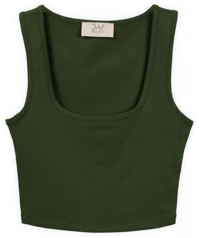 Women's Casual Sleeveless Square Neck Solid Color Cropped Basic Tank Top Army $9.35 Tanks