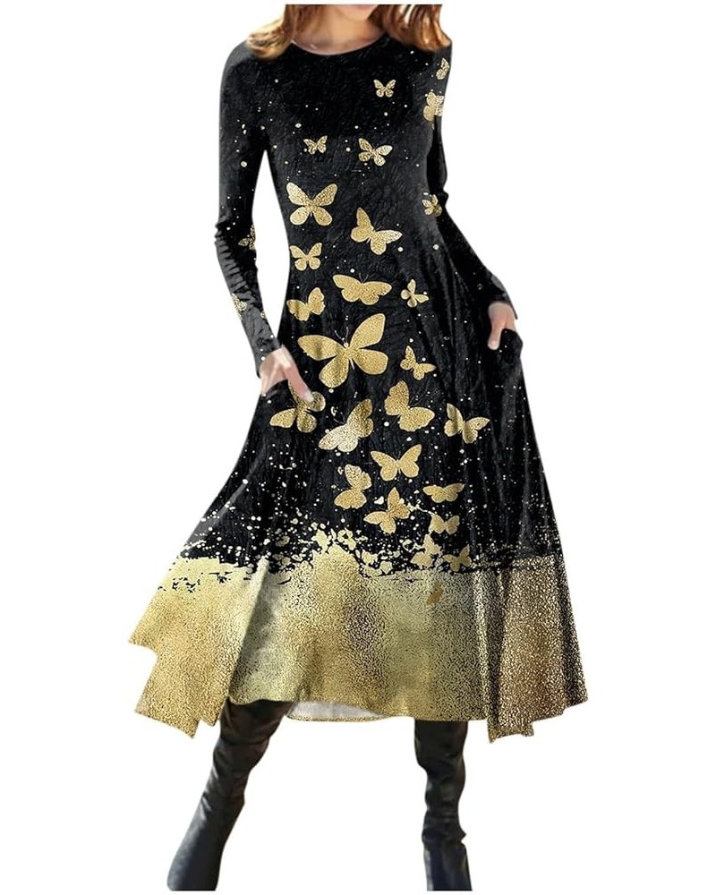 Long Sleeve Dress, Winter Fall Butterfly Cute Swing A-Line Dresses Round Neck Casual Pockets Irregular Long Dress 01-gold $16...