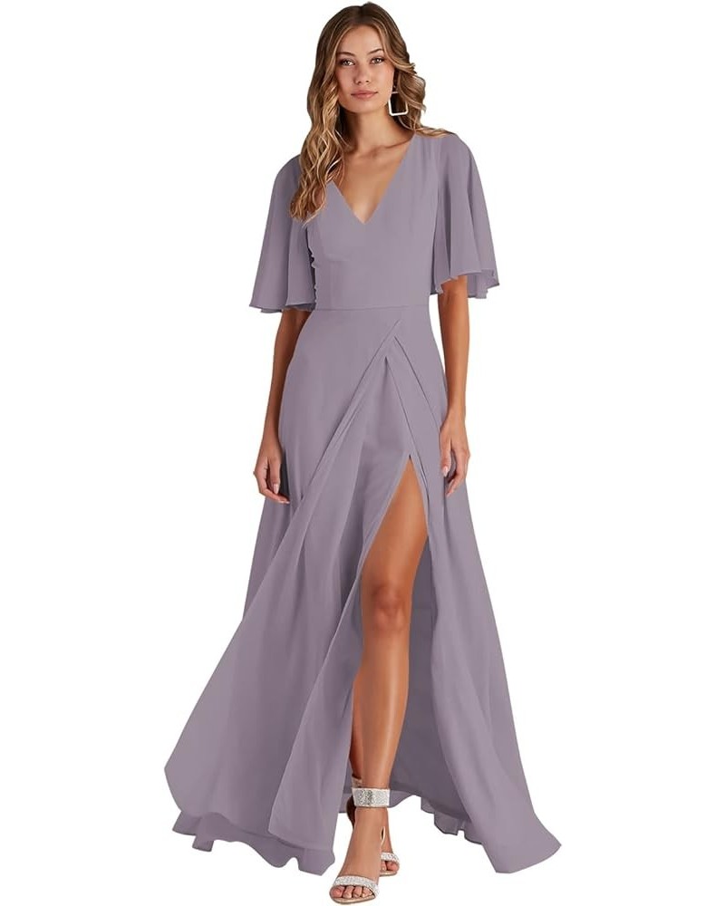 V Neck Bridesmaid Dresses with Slit 2023 Flutter Sleeves Chiffon Long Formal Dress with Pockets SYYS103 Dusty Thistle $34.21 ...