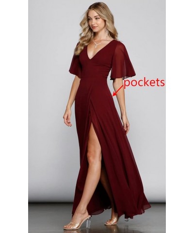 V Neck Bridesmaid Dresses with Slit 2023 Flutter Sleeves Chiffon Long Formal Dress with Pockets SYYS103 Dusty Thistle $34.21 ...