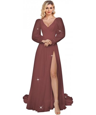 Long Sleeve Prom Dresses Sparkly Tulle Ball Gown Puffy Wedding Dress Formal Evening Gowns Slit Burgundy $38.27 Dresses