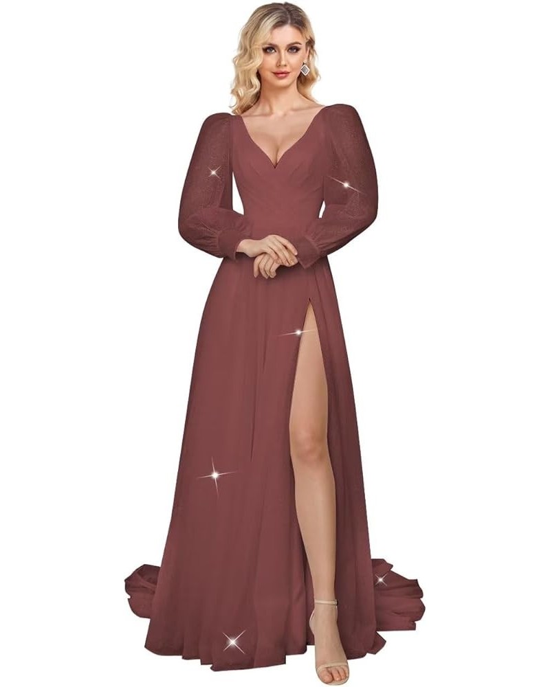 Long Sleeve Prom Dresses Sparkly Tulle Ball Gown Puffy Wedding Dress Formal Evening Gowns Slit Burgundy $38.27 Dresses