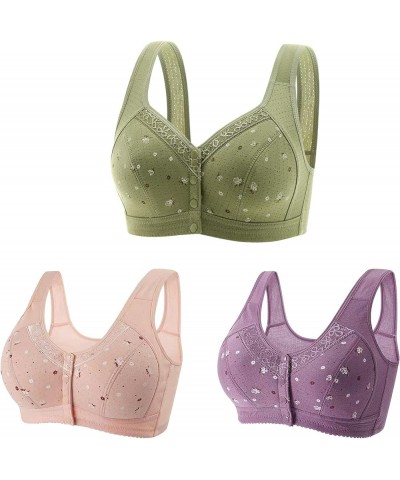 3 Pack Everyday Bras for Women Front Closure Sports Bras Floral Underwear Soft Wireless Cotton Bra Comfort & Sleep Bra Green ...