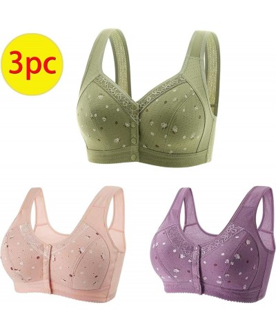 3 Pack Everyday Bras for Women Front Closure Sports Bras Floral Underwear Soft Wireless Cotton Bra Comfort & Sleep Bra Green ...