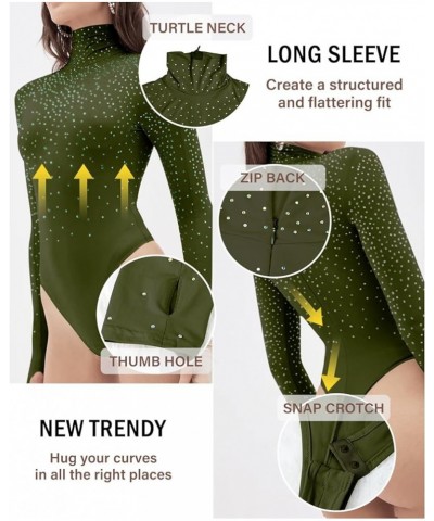 Women's Shiny Rhinestone Turtle Neck Long Sleeve Bodysuit Top Zip Back Leotard with Thumb Hole Army Green $19.43 Bodysuits