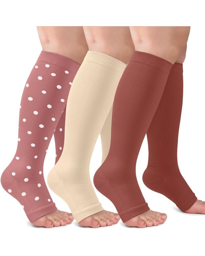 3 Pack Copper Compression Socks for Women & Men, 20-30mmHg Open Toe Knee High Stockings for Circulation Support C01-3 Pack Pi...