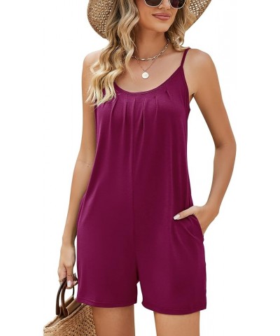 Womens Casual Summer Sleeveless Romper Loose Adjustable Spaghetti Strap Stretchy Shorts Jumpsuits with Pockets Burgundy $11.5...