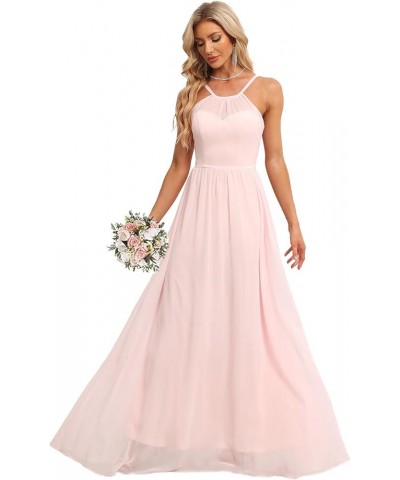 Chiffon Halter Bridesmaid Dresses for Wedding 2024 Long A Line Formal Evening Prom Party Gown Blush Pink $25.25 Dresses