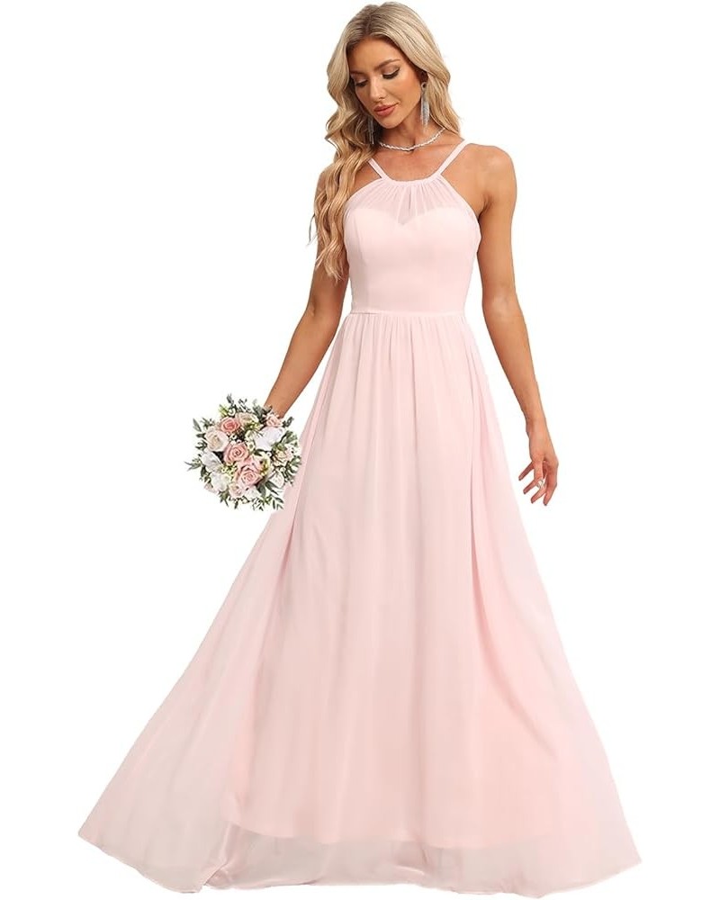 Chiffon Halter Bridesmaid Dresses for Wedding 2024 Long A Line Formal Evening Prom Party Gown Blush Pink $25.25 Dresses