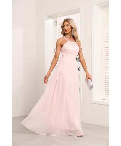 Chiffon Halter Bridesmaid Dresses for Wedding 2024 Long A Line Formal Evening Prom Party Gown Blush Pink $25.25 Dresses